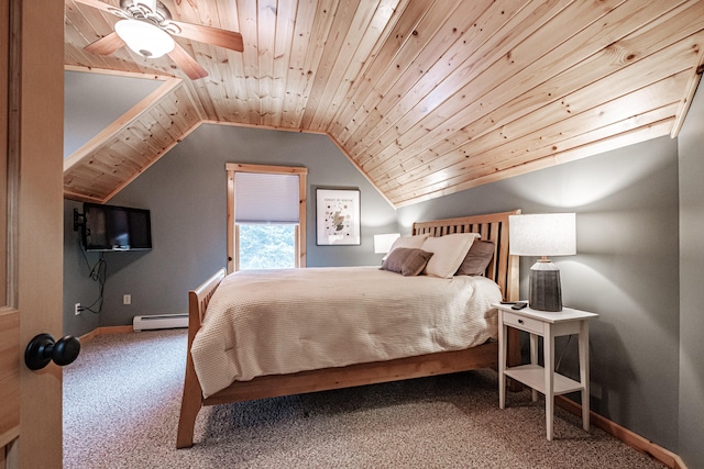 carpeted bedroom with baseboards, a baseboard heating unit, vaulted ceiling, and wood ceiling