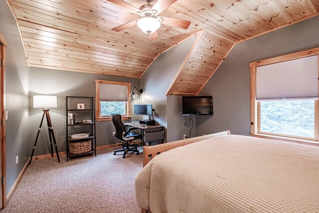 carpeted bedroom with lofted ceiling, wooden ceiling, and ceiling fan