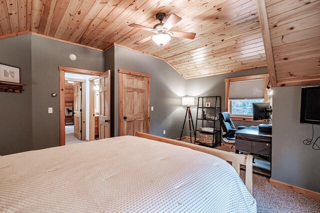 bedroom featuring lofted ceiling, wood ceiling, carpet flooring, and ceiling fan