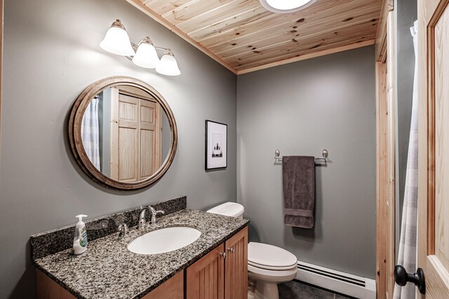 bathroom featuring vanity, a baseboard radiator, toilet, and wooden ceiling