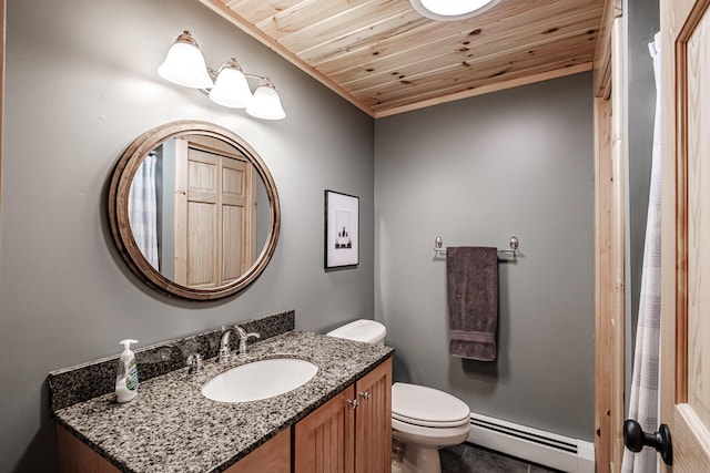bathroom with toilet, a baseboard radiator, vanity, and wood ceiling