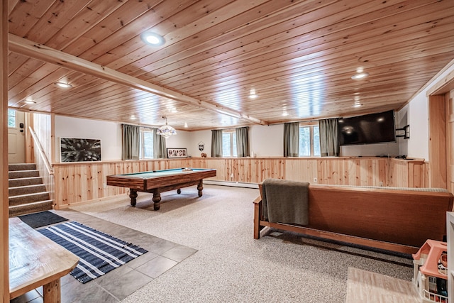 recreation room featuring wooden ceiling, wooden walls, recessed lighting, a wainscoted wall, and pool table