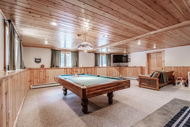 playroom with wood ceiling, wood walls, light carpet, a baseboard radiator, and billiards