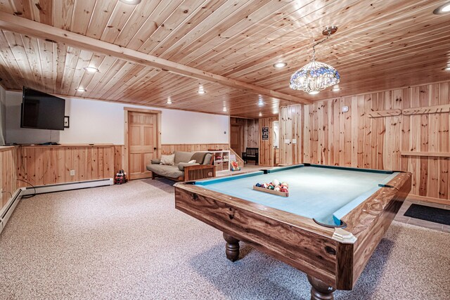 playroom featuring wood walls, wooden ceiling, light colored carpet, and pool table