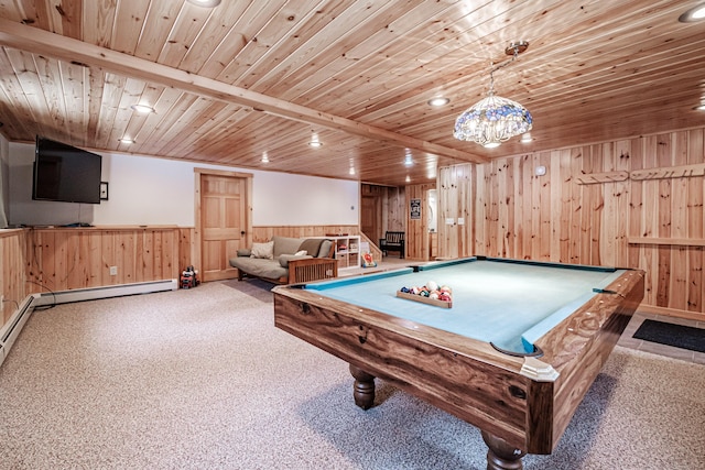game room with wood walls, wooden ceiling, a wainscoted wall, and carpet floors