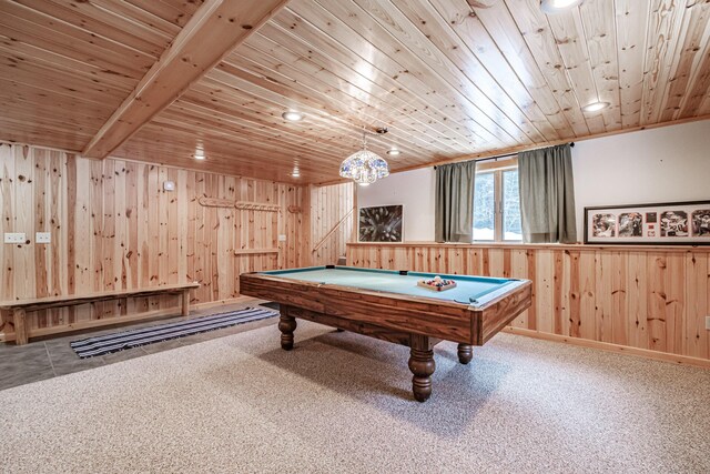 rec room with pool table, wood walls, and wooden ceiling