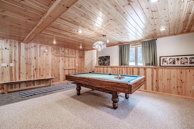 recreation room with wood walls, billiards, recessed lighting, and wooden ceiling