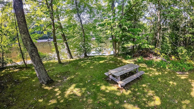 view of home's community with a lawn and a water view