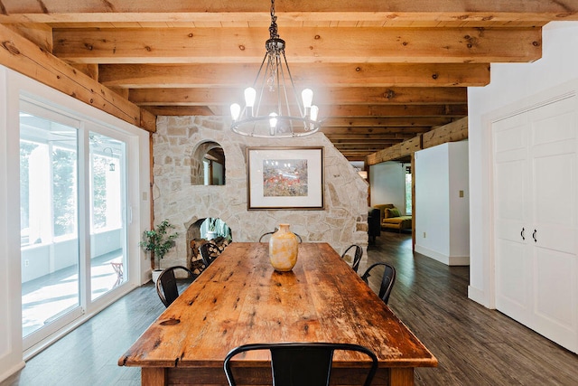 dining space featuring dark hardwood / wood-style floors, a fireplace, beamed ceiling, a chandelier, and wood ceiling