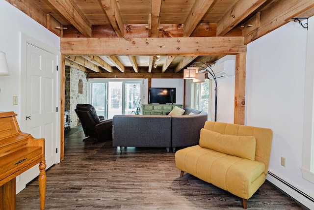 living room with a baseboard radiator, plenty of natural light, wood-type flooring, and a wall unit AC