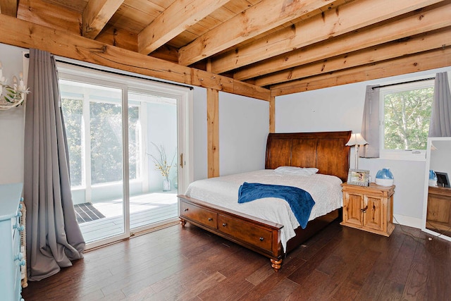 bedroom featuring beam ceiling, access to outside, wooden ceiling, and dark hardwood / wood-style flooring