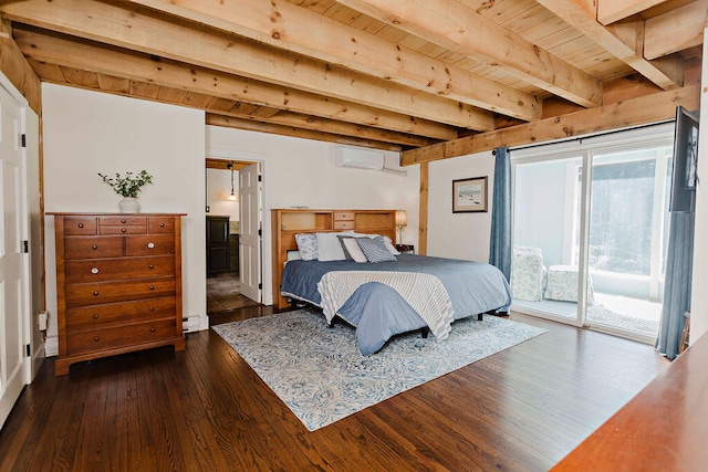 bedroom with beamed ceiling, access to outside, dark wood-type flooring, wooden ceiling, and a wall unit AC