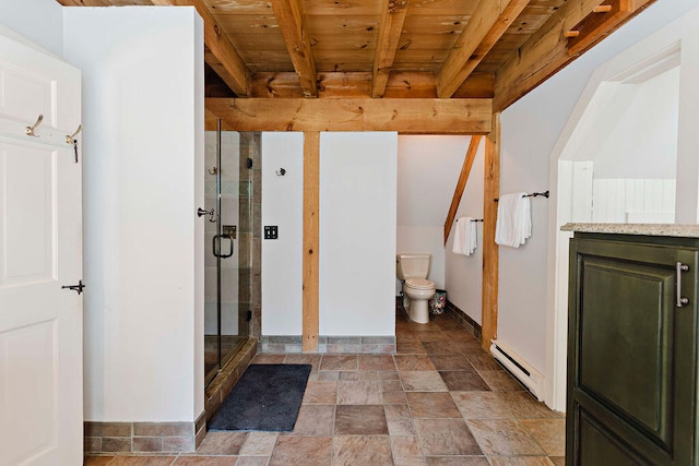 bathroom with a shower with door, baseboard heating, beam ceiling, vanity, and wooden ceiling