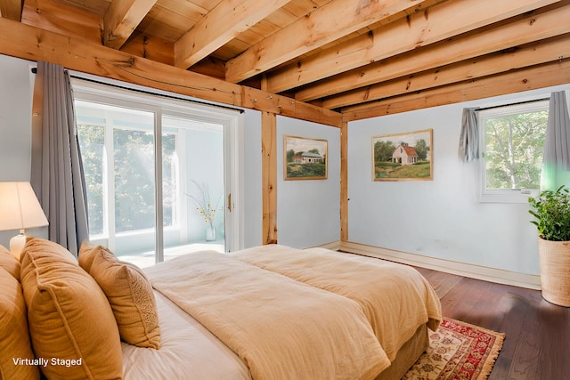 bedroom featuring multiple windows, wood ceiling, dark hardwood / wood-style floors, and beamed ceiling