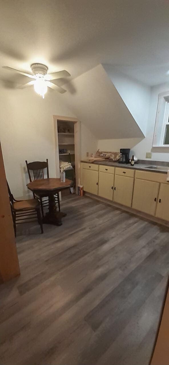 unfurnished room featuring ceiling fan and dark hardwood / wood-style floors