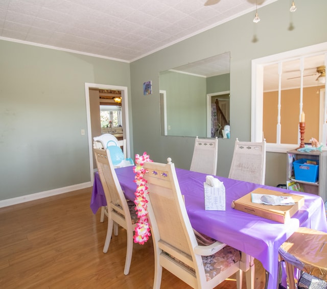 dining room featuring wood-type flooring and ornamental molding