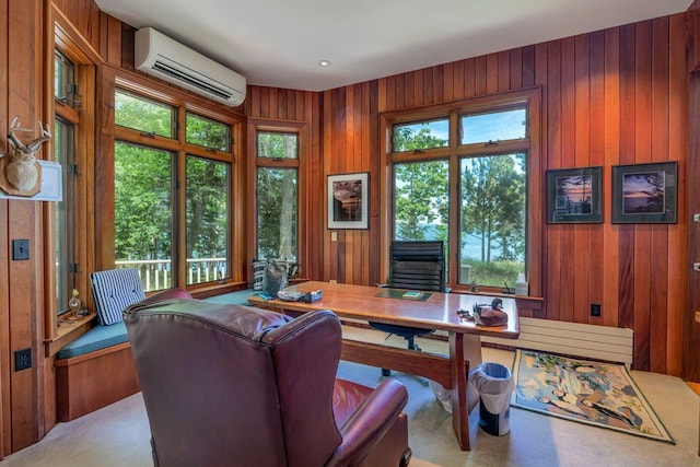 office space featuring wooden walls and a wall mounted air conditioner