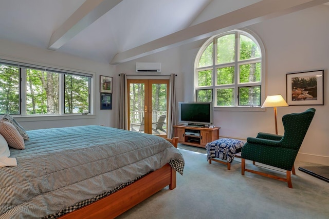 carpeted bedroom featuring multiple windows, access to exterior, lofted ceiling with beams, and an AC wall unit