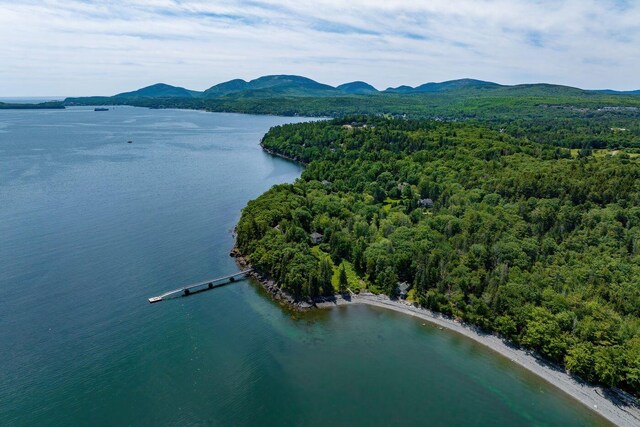 drone / aerial view featuring a water and mountain view