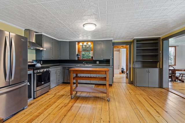 kitchen featuring light wood-type flooring, wall chimney exhaust hood, plenty of natural light, and stainless steel appliances