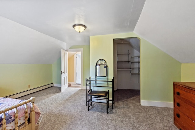 additional living space featuring light carpet, lofted ceiling, and a baseboard radiator