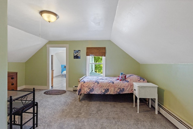 bedroom featuring lofted ceiling, a baseboard radiator, and carpet