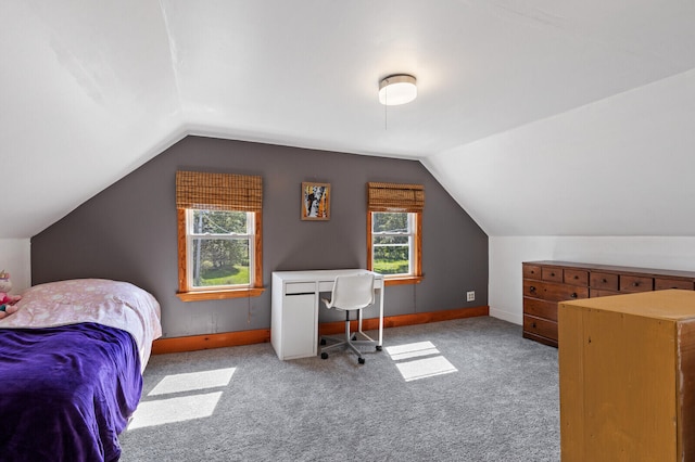 carpeted bedroom with multiple windows and lofted ceiling