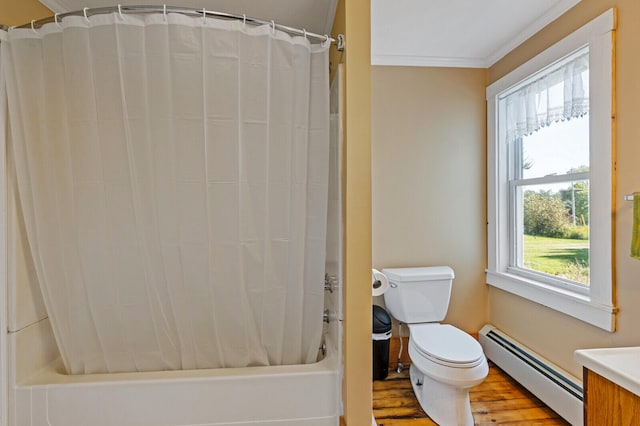 full bathroom with vanity, shower / bath combination with curtain, wood-type flooring, toilet, and baseboard heating