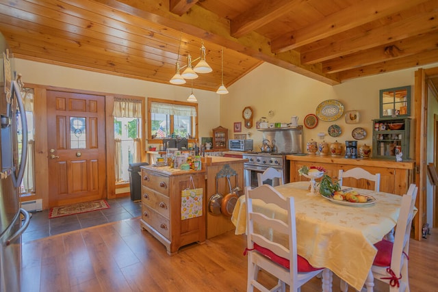 dining space featuring hardwood / wood-style floors, wood ceiling, baseboard heating, and lofted ceiling with beams