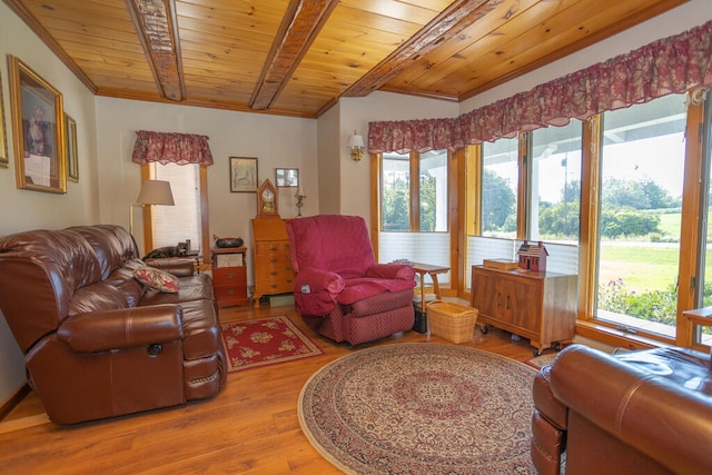 living room featuring wood ceiling and hardwood / wood-style flooring