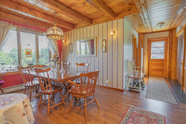 dining area with wood walls, wooden ceiling, hardwood / wood-style floors, a chandelier, and a baseboard heating unit