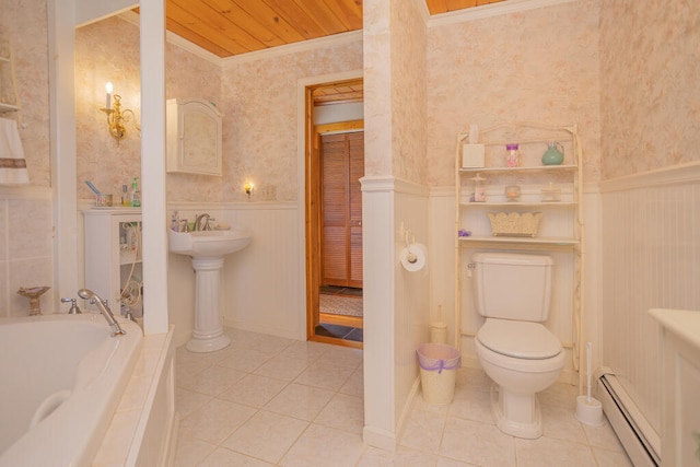 bathroom featuring a bathing tub, wooden ceiling, a baseboard radiator, toilet, and tile patterned floors