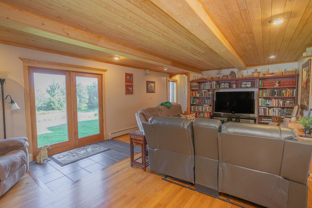 living room featuring baseboard heating, wood ceiling, wood-type flooring, and beam ceiling