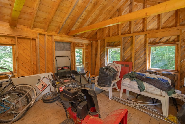 miscellaneous room with a healthy amount of sunlight, wood walls, wood-type flooring, and lofted ceiling with beams