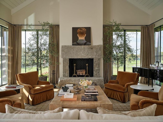 76 N St, Kennebunkport, ME 04046 - living room with high vaulted ceiling and a high end fireplace