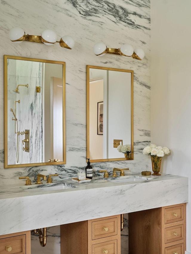 76 N St, Kennebunkport, ME 04046 - bathroom with a marble finish shower, double vanity, and a sink