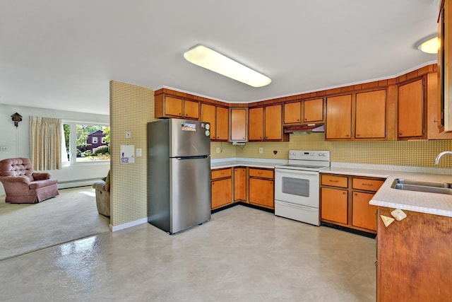 kitchen featuring white range with electric cooktop, sink, tasteful backsplash, and stainless steel fridge