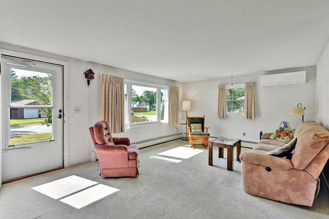 carpeted living room featuring a baseboard radiator and an AC wall unit