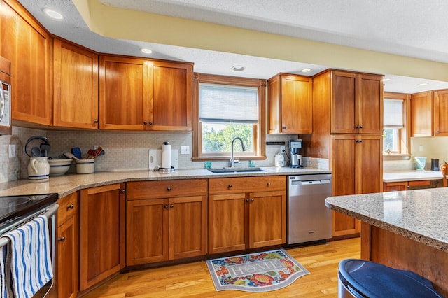 kitchen featuring light hardwood / wood-style flooring, light stone counters, sink, range with electric stovetop, and stainless steel dishwasher