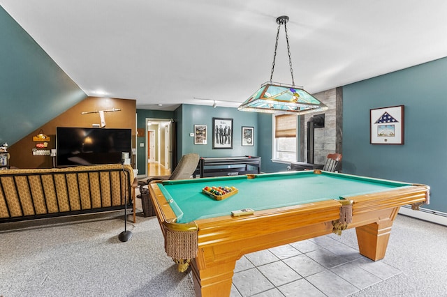 playroom with vaulted ceiling, pool table, light carpet, and a fireplace