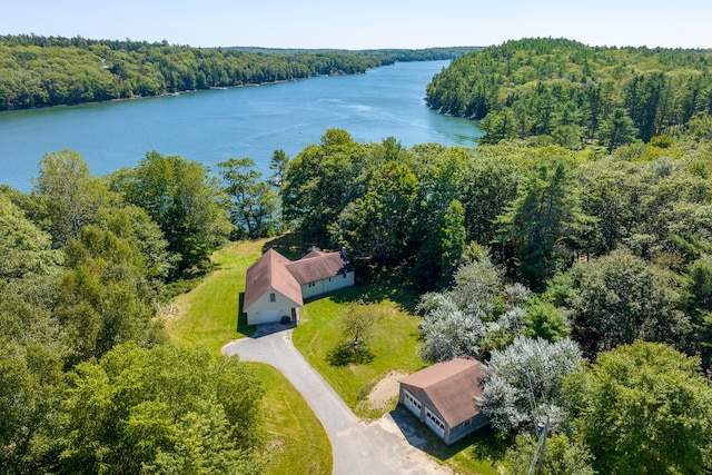 bird's eye view with a water view