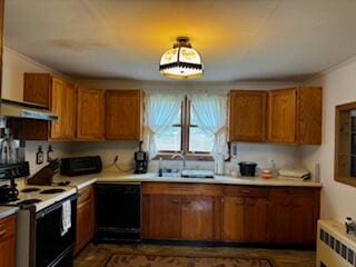 kitchen featuring radiator heating unit, black appliances, and sink