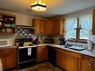 kitchen with ornamental molding, sink, black appliances, exhaust hood, and decorative backsplash