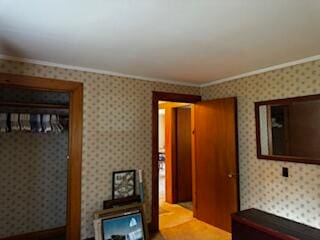 bedroom featuring crown molding and a closet