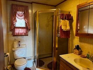 bathroom featuring ornamental molding, a shower with door, vanity, and toilet