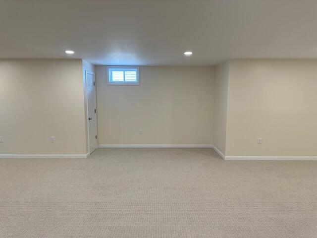 basement with light colored carpet