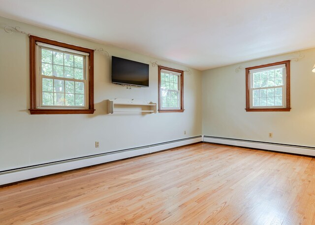 empty room with light hardwood / wood-style flooring, a healthy amount of sunlight, and a baseboard radiator