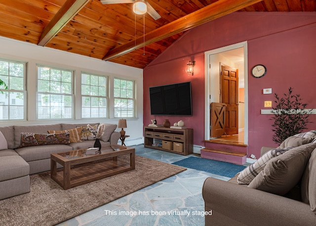 living room with baseboard heating, ceiling fan, vaulted ceiling with beams, and wood ceiling