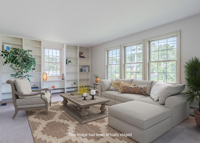 carpeted living room with a baseboard heating unit