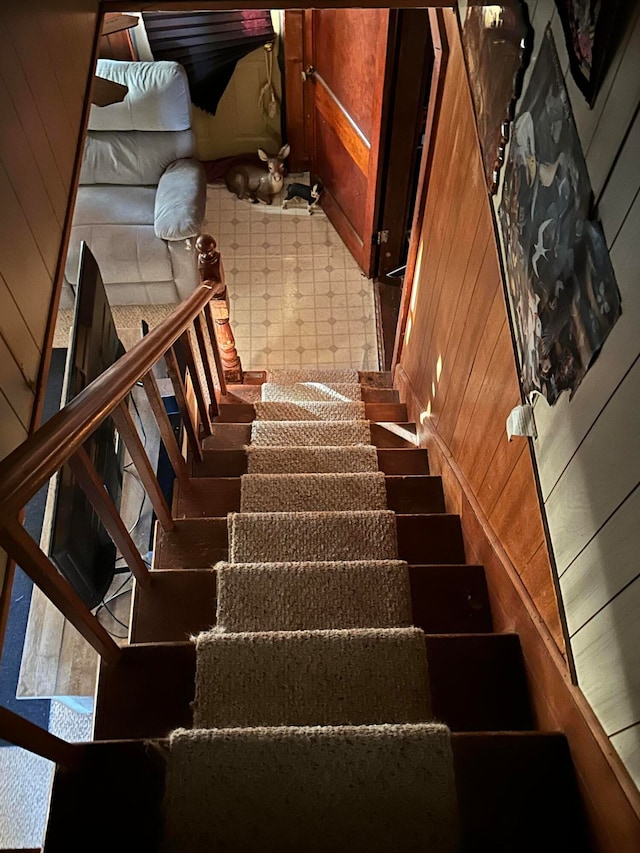 stairs with wood walls